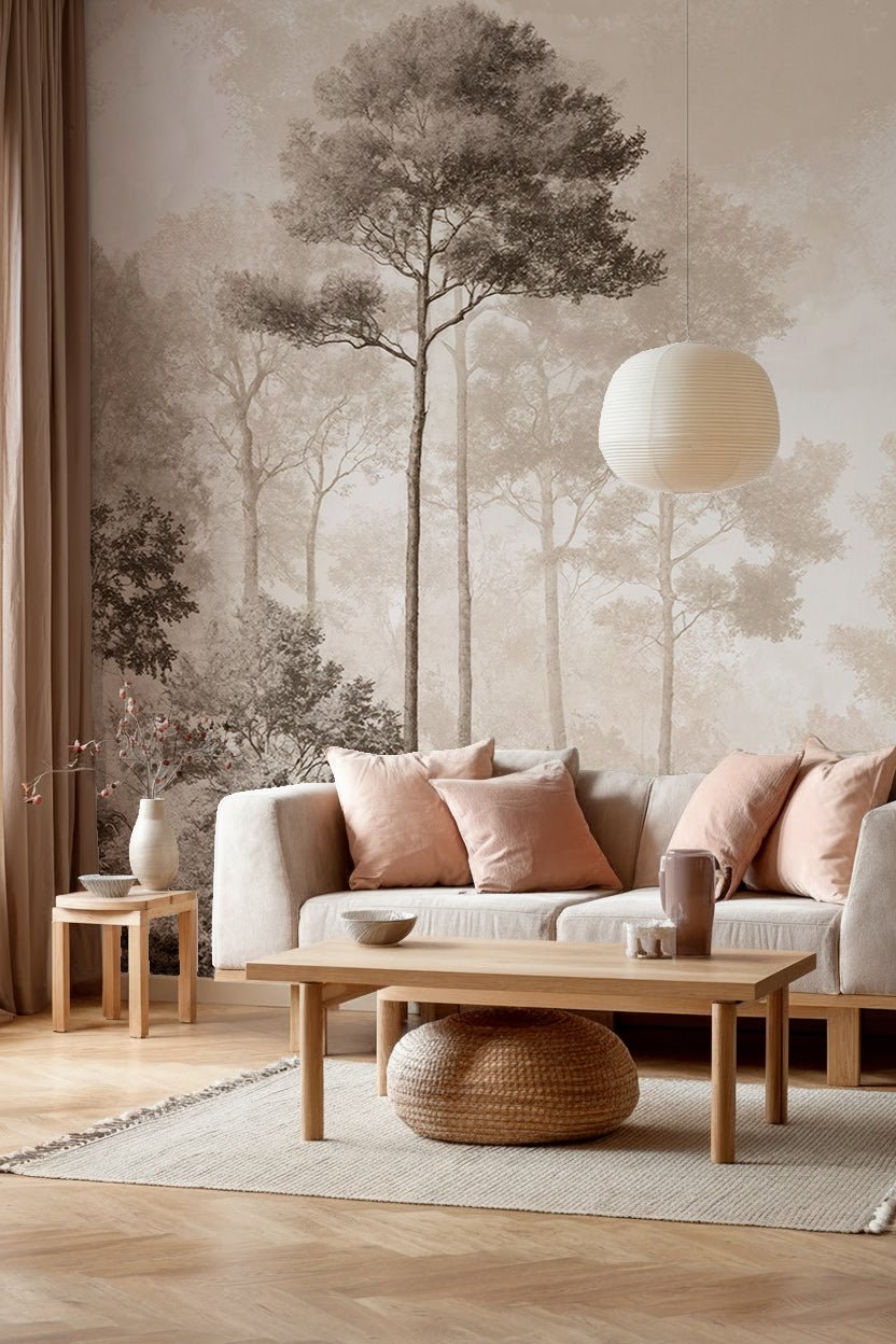 Forêt des Silences – Papier Peint Arbres Enveloppés de Brume Douce en Sépia - Illulart: Papier peint panoramique