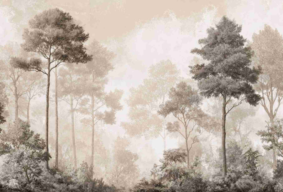 Forêt des Silences – Papier Peint Arbres Enveloppés de Brume Douce en Sépia - Illulart: Papier peint panoramique