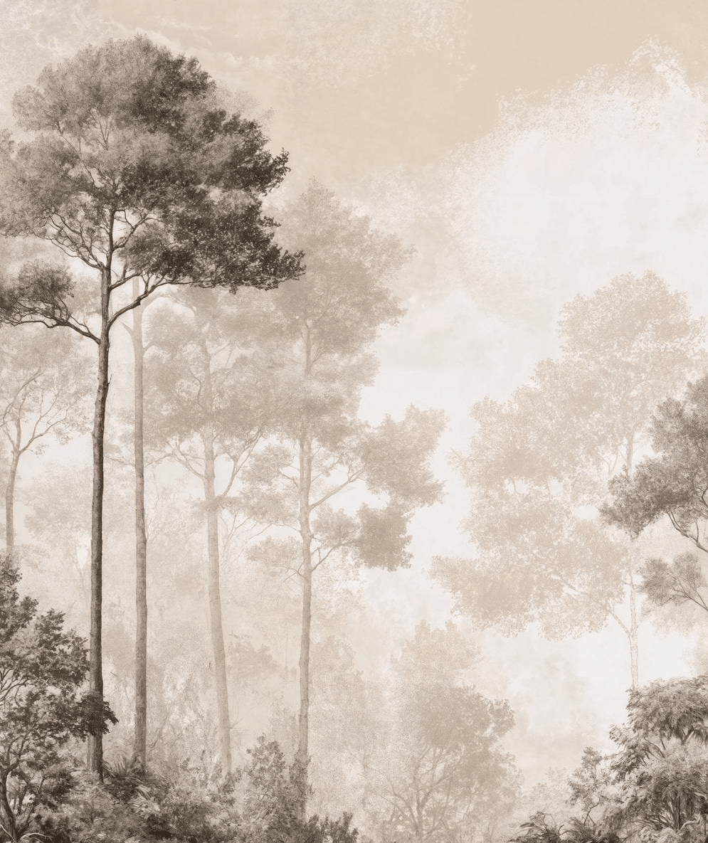 Forêt des Silences – Papier Peint Arbres Enveloppés de Brume Douce en Sépia - Illulart: Papier peint panoramique