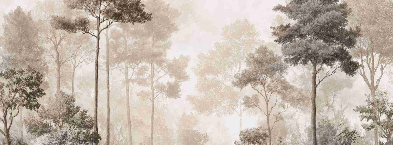Forêt des Silences – Papier Peint Arbres Enveloppés de Brume Douce en Sépia - Illulart: Papier peint panoramique