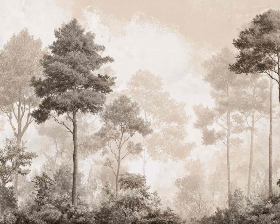 Forêt des Silences – Papier Peint Arbres Enveloppés de Brume Douce en Sépia - Illulart: Papier peint panoramique