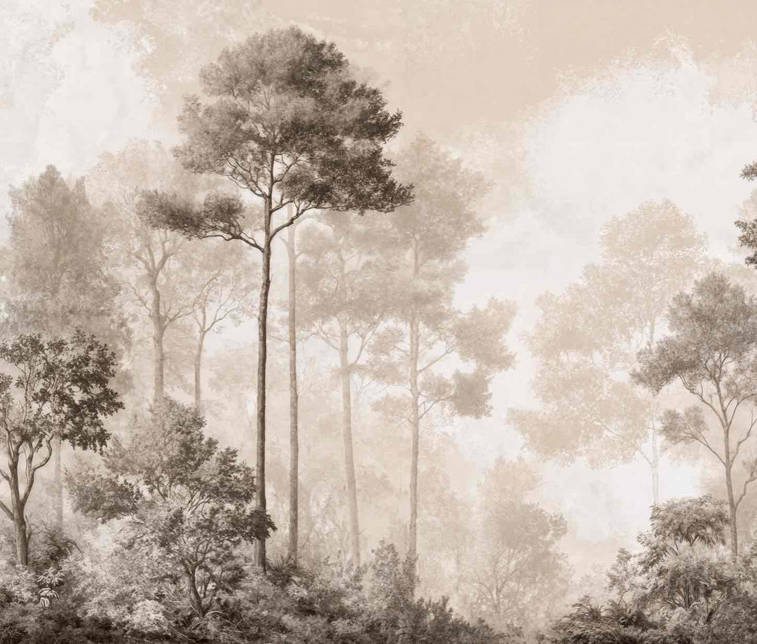 Forêt des Silences – Papier Peint Arbres Enveloppés de Brume Douce en Sépia - Illulart: Papier peint panoramique