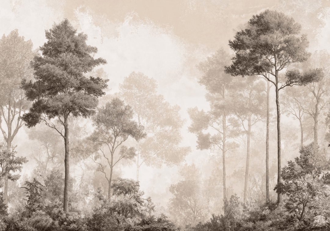 Forêt des Silences – Papier Peint Arbres Enveloppés de Brume Douce en Sépia - Illulart: Papier peint panoramique