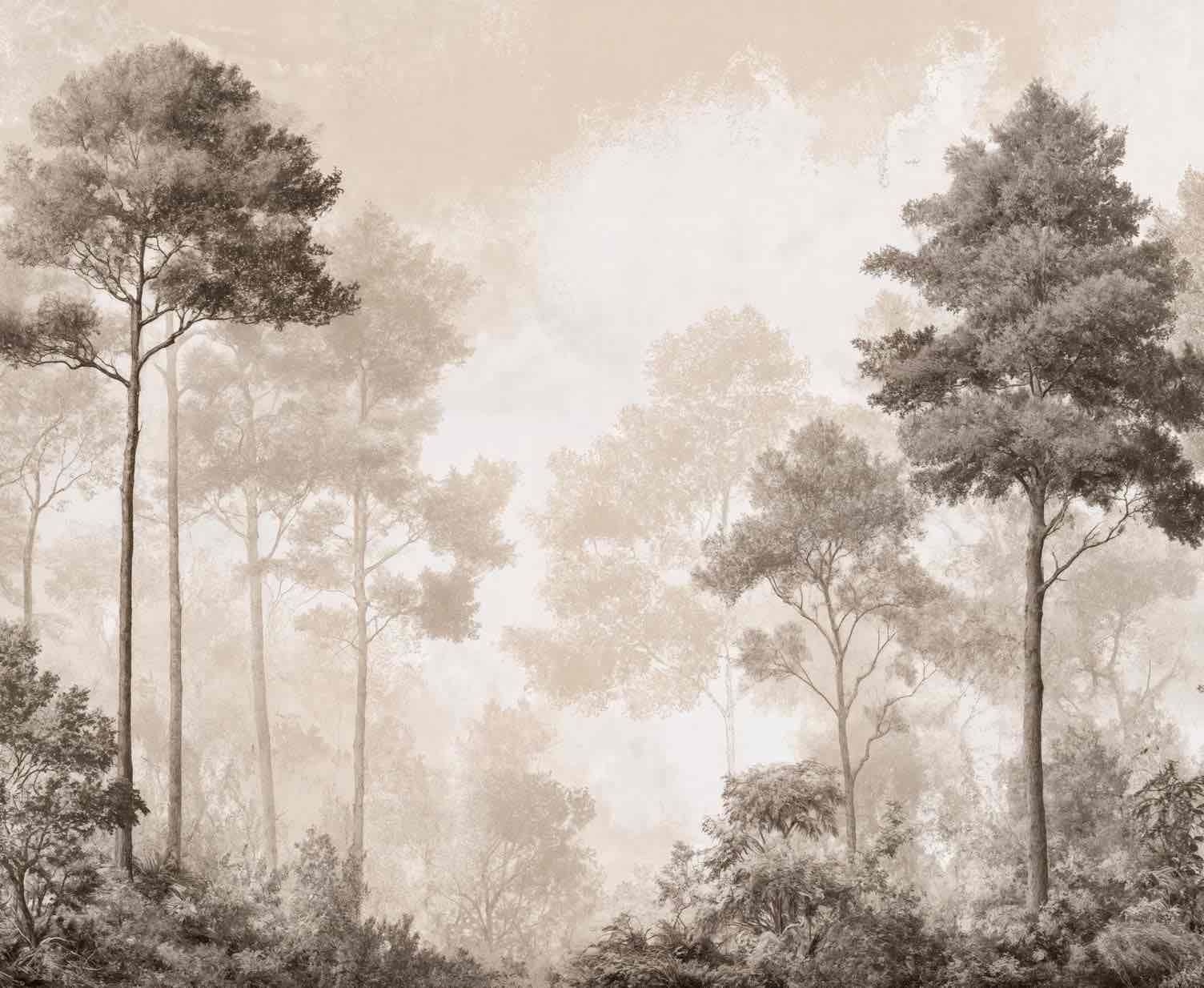 Forêt des Silences – Papier Peint Arbres Enveloppés de Brume Douce en Sépia - Illulart: Papier peint panoramique