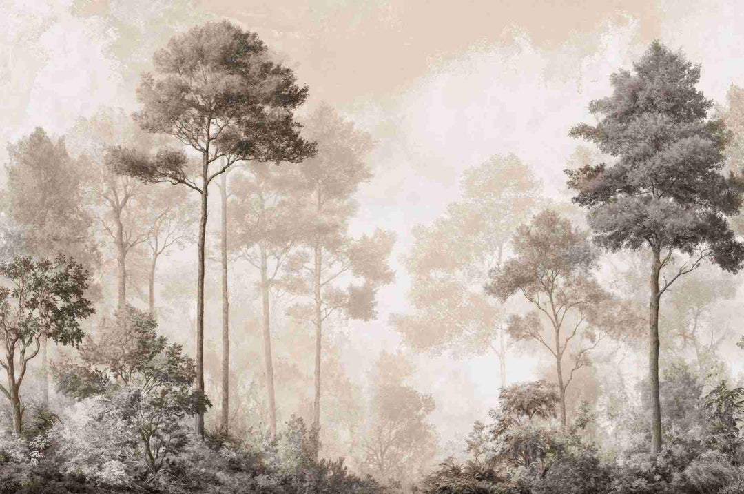 Forêt des Silences – Papier Peint Arbres Enveloppés de Brume Douce en Sépia - Illulart: Papier peint panoramique