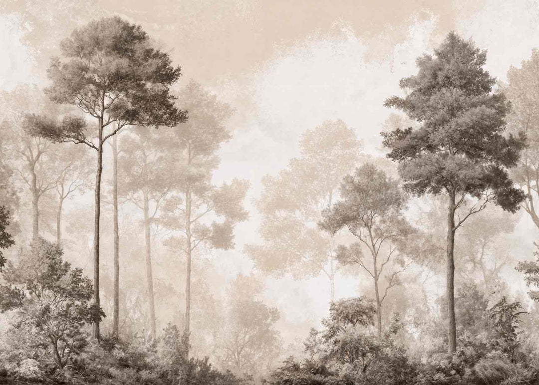 Forêt des Silences – Papier Peint Arbres Enveloppés de Brume Douce en Sépia - Illulart: Papier peint panoramique