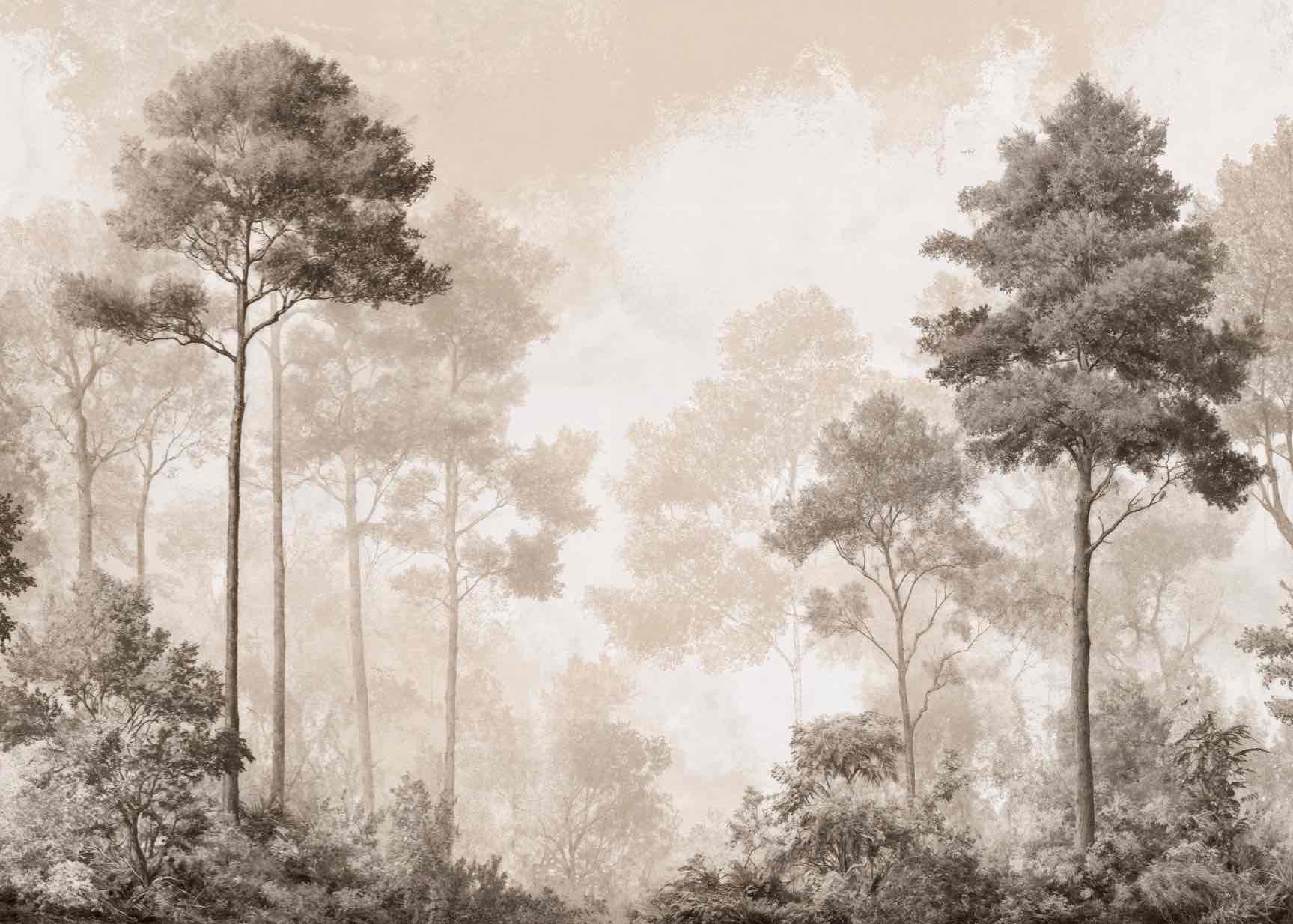 Forêt des Silences – Papier Peint Arbres Enveloppés de Brume Douce en Sépia - Illulart: Papier peint panoramique