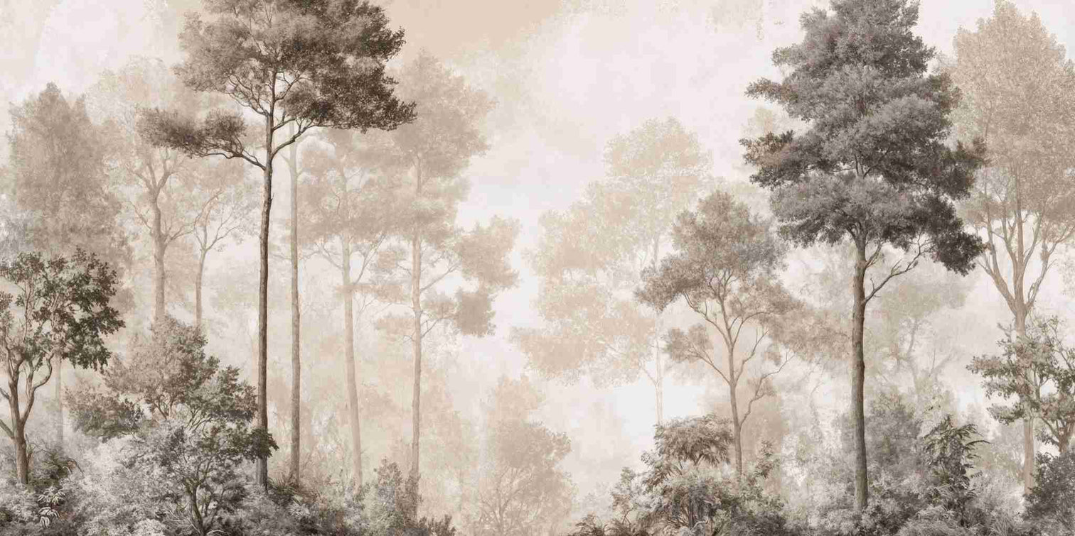 Forêt des Silences – Papier Peint Arbres Enveloppés de Brume Douce en Sépia - Illulart: Papier peint panoramique