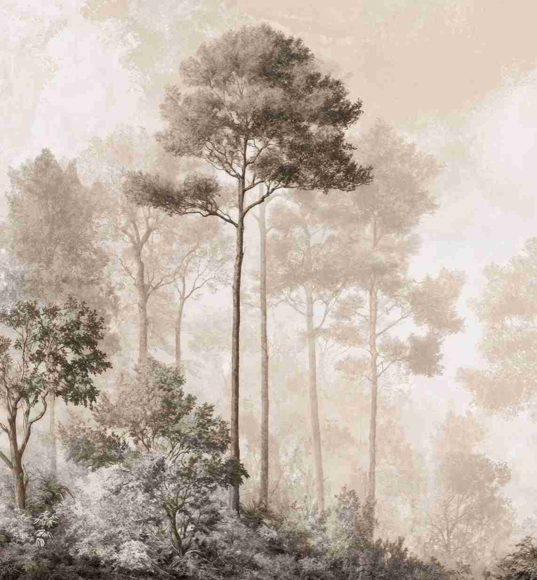 Forêt des Silences – Papier Peint Arbres Enveloppés de Brume Douce en Sépia - Illulart: Papier peint panoramique