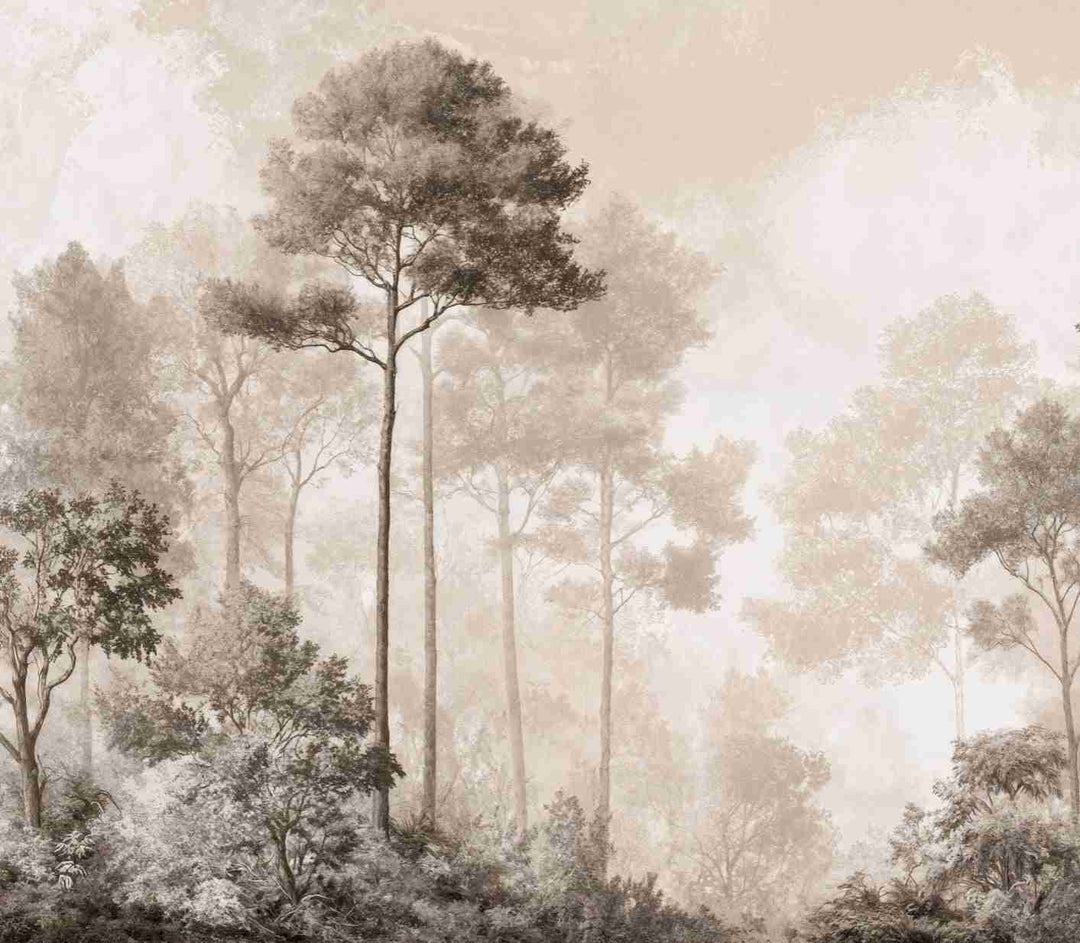 Forêt des Silences – Papier Peint Arbres Enveloppés de Brume Douce en Sépia - Illulart: Papier peint panoramique