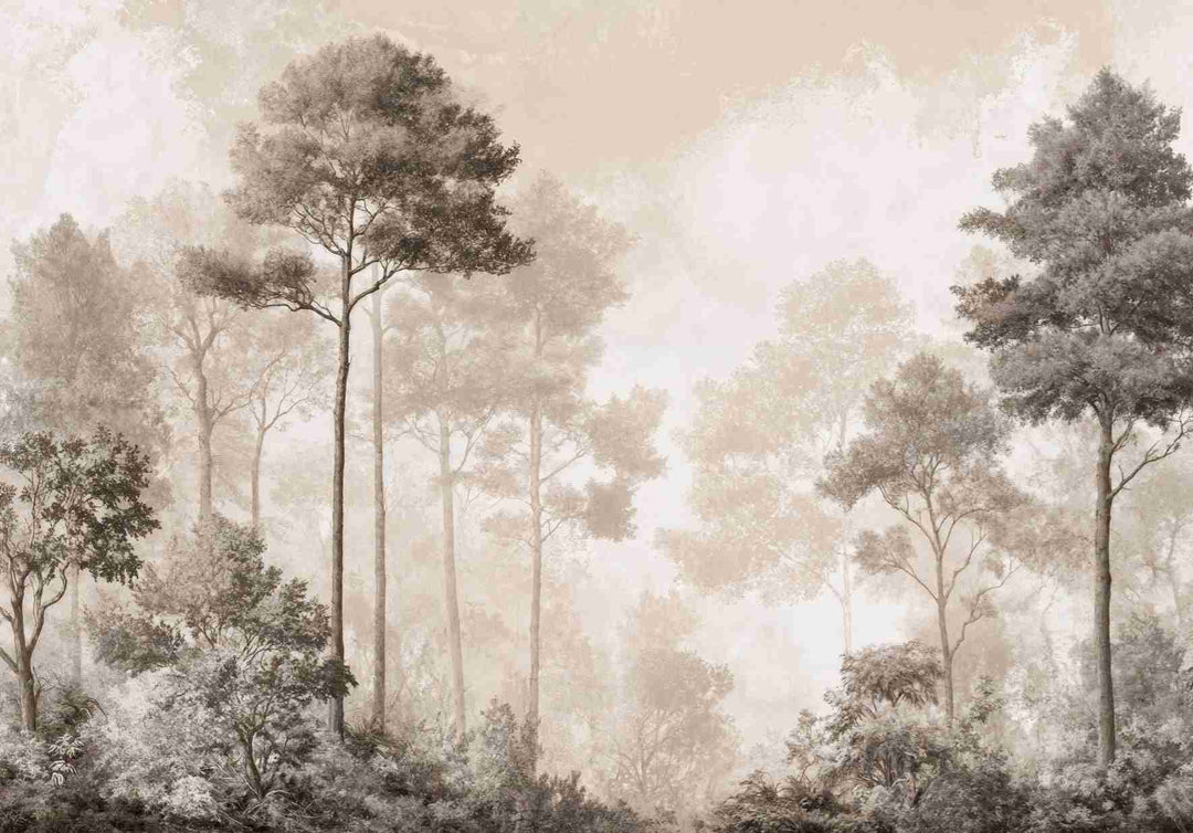 Forêt des Silences – Papier Peint Arbres Enveloppés de Brume Douce en Sépia - Illulart: Papier peint panoramique