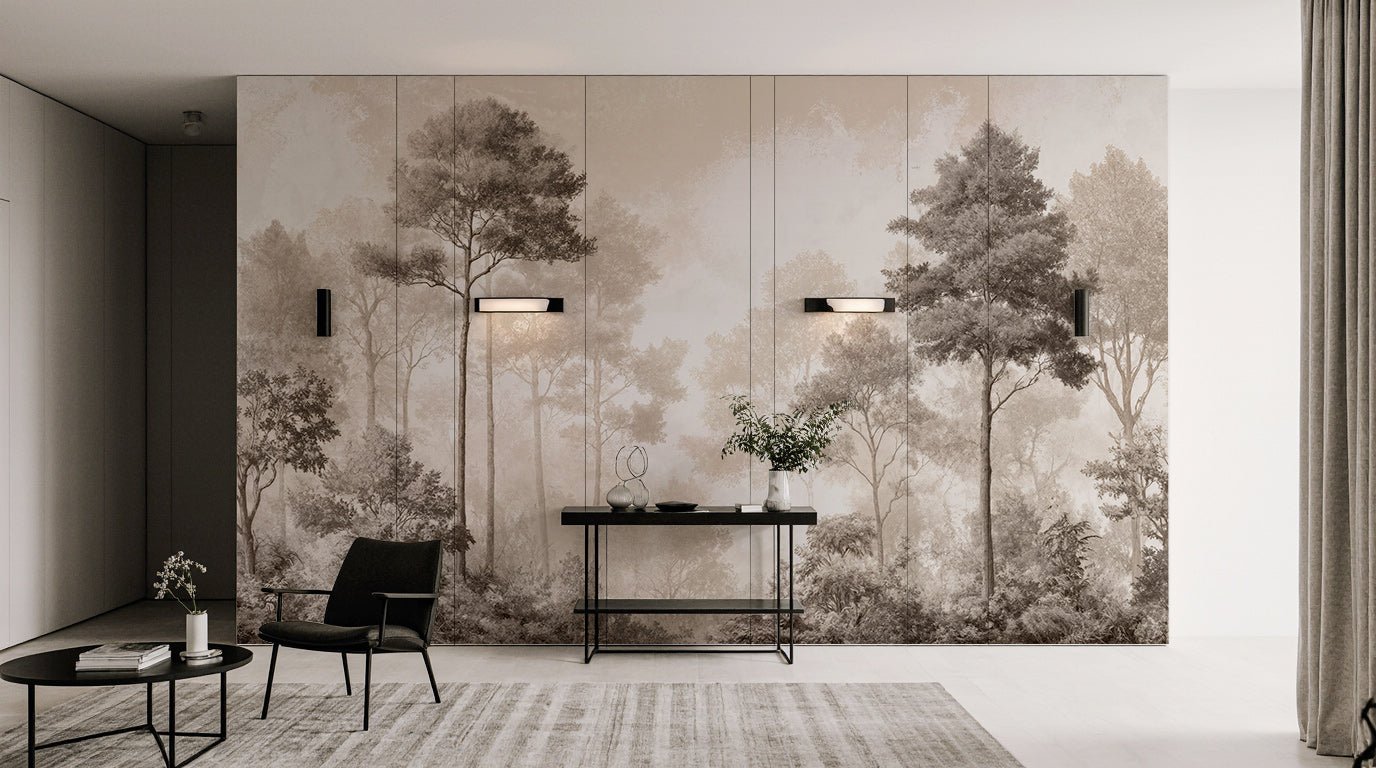 Forêt des Silences – Papier Peint Arbres Enveloppés de Brume Douce en Sépia - Illulart: Papier peint panoramique