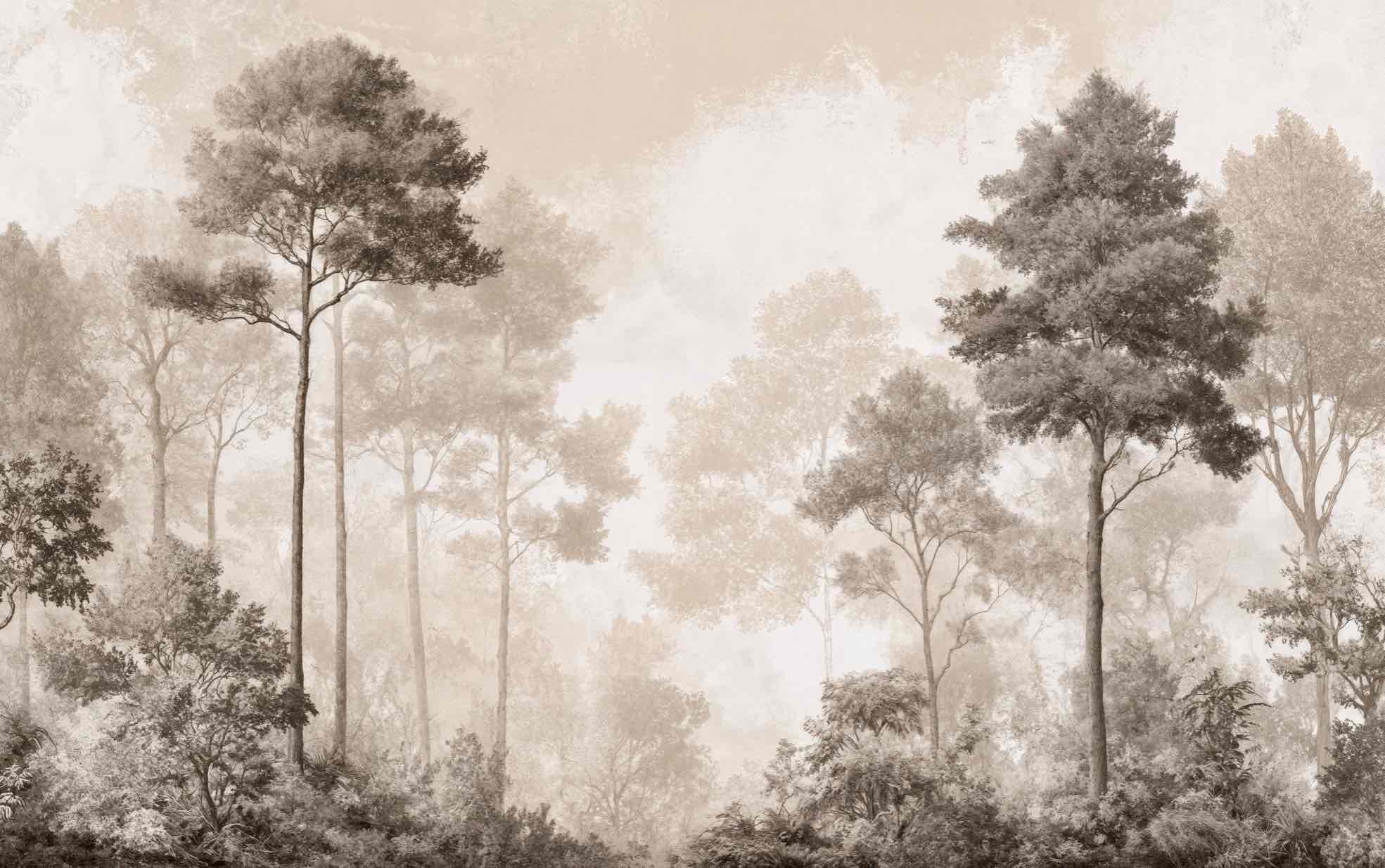 Forêt des Silences – Papier Peint Arbres Enveloppés de Brume Douce en Sépia - Illulart: Papier peint panoramique