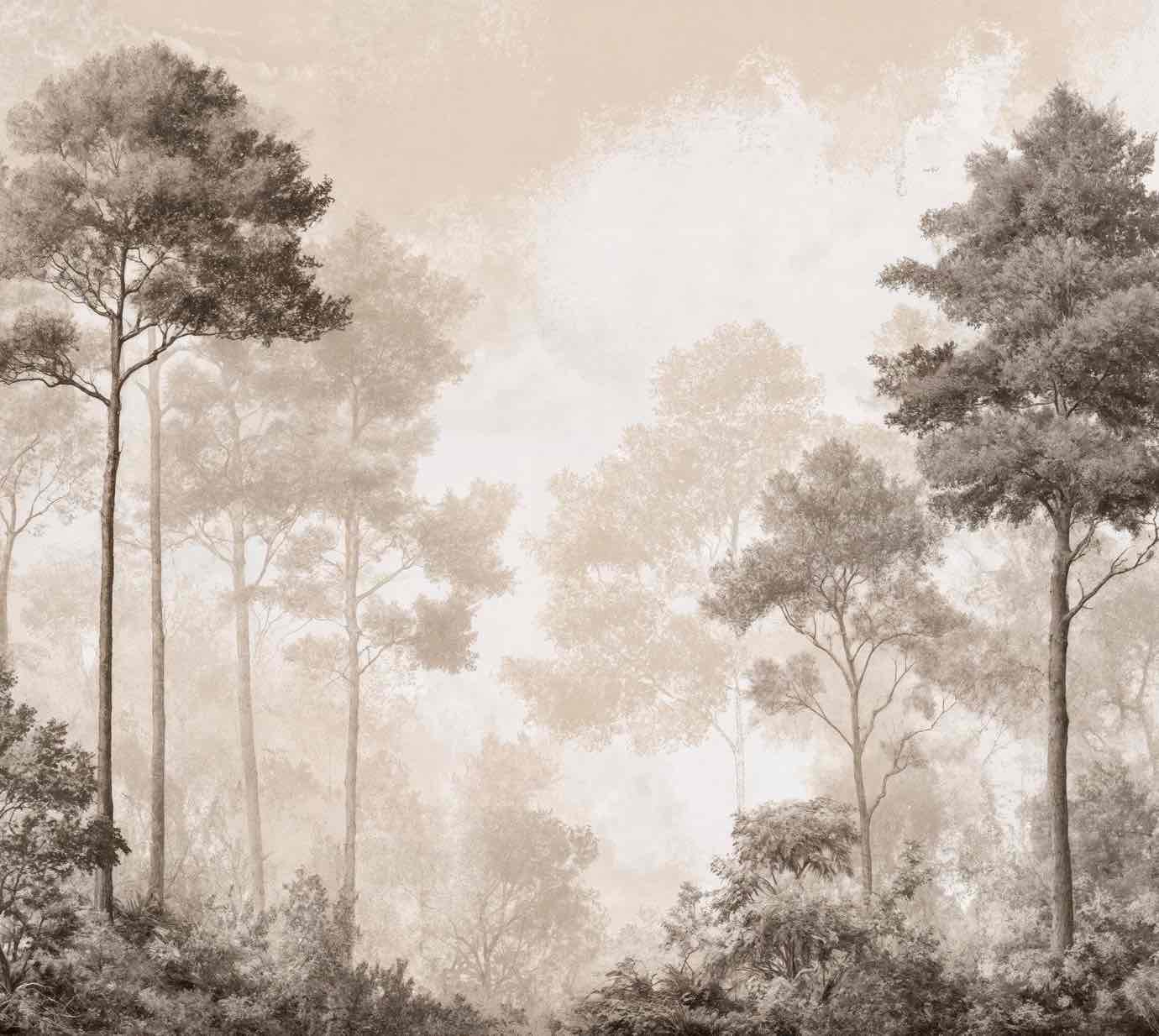 Forêt des Silences – Papier Peint Arbres Enveloppés de Brume Douce en Sépia - Illulart: Papier peint panoramique