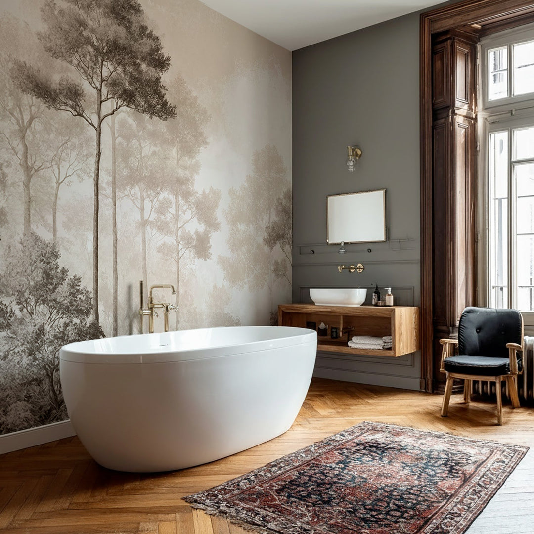 Forêt des Silences – Papier Peint Arbres Enveloppés de Brume Douce en Sépia - Illulart: Papier peint panoramique