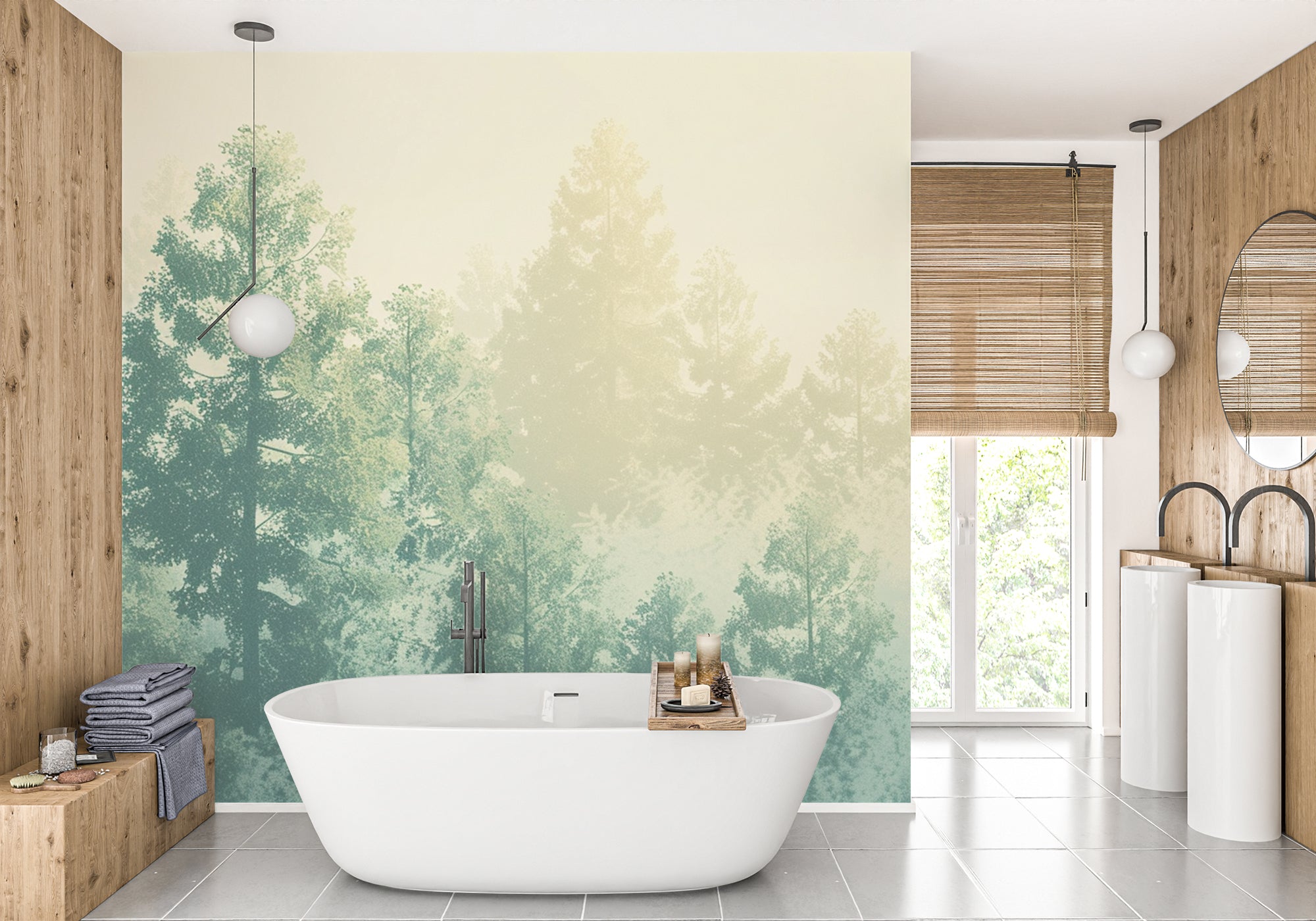 papier peint panoramique sapins dans une salle de bains
