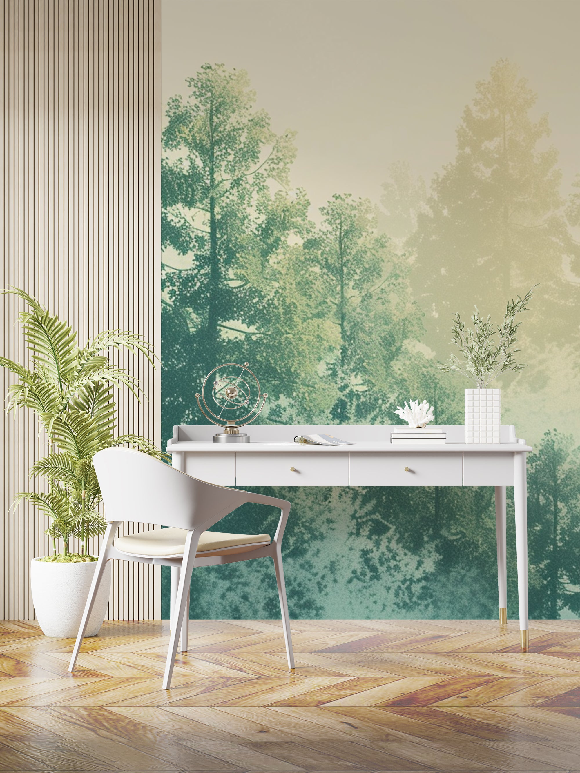 papier peint panoramique sapins arbre dans un bureau