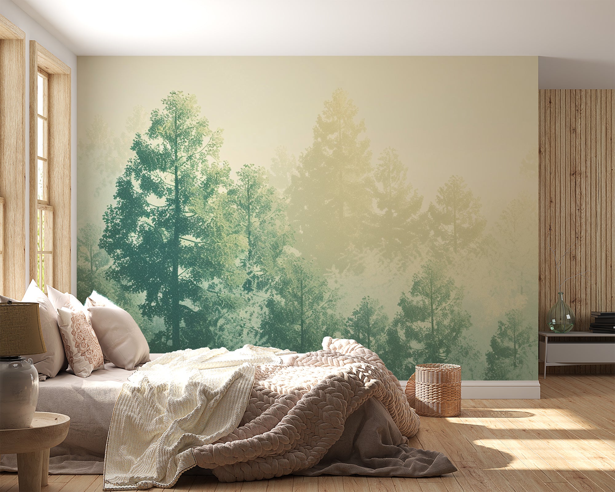 papier peint panoramique sapins dans une chambre