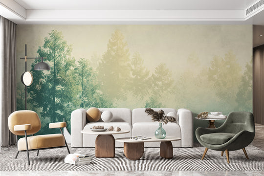 papier peint panoramique sapins dans un salon