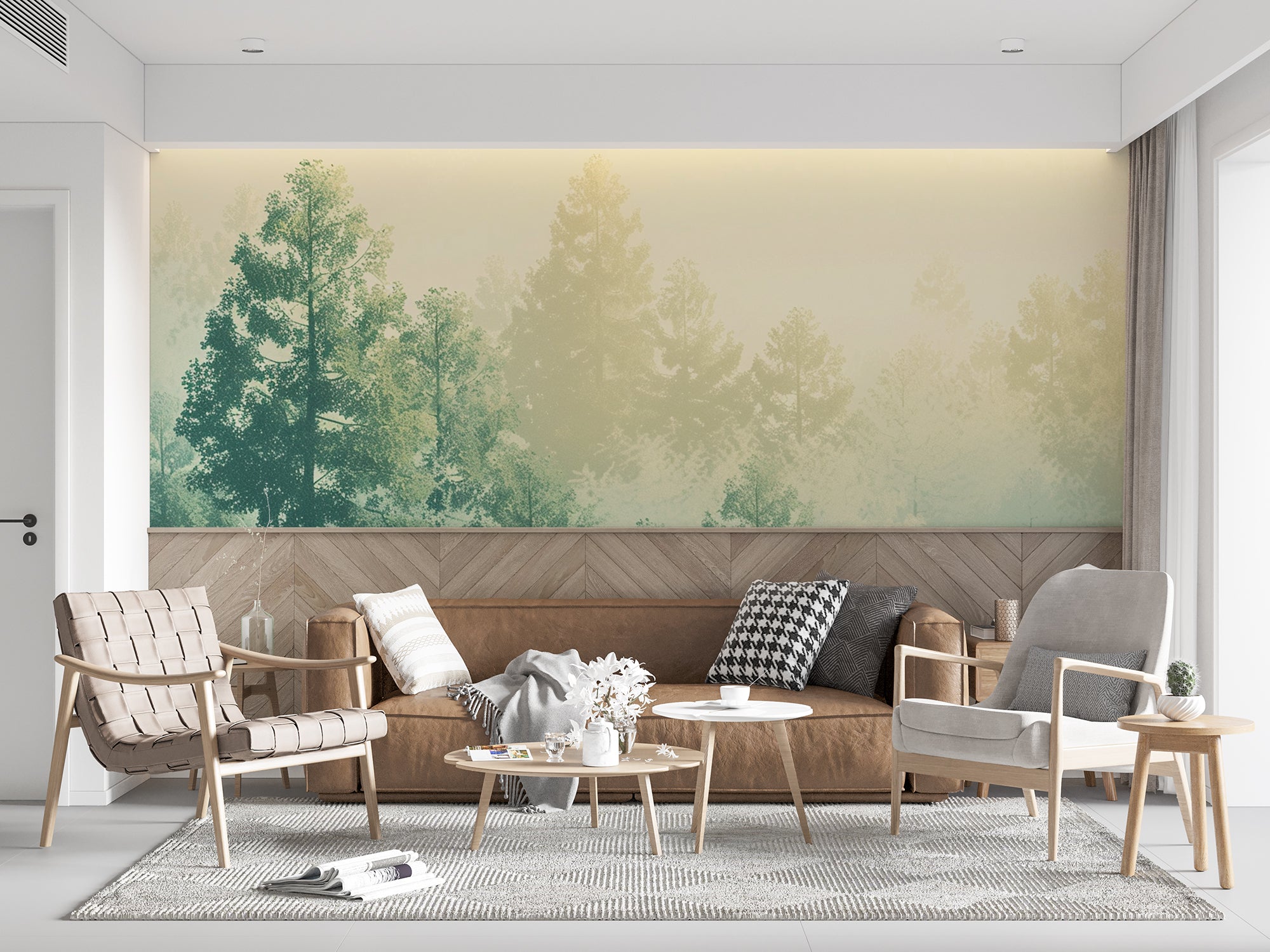 papier peint panoramique sapins dans un salon
