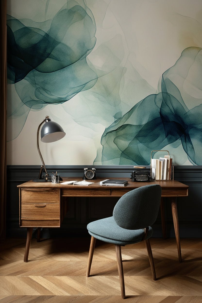 Fusion de Transparence en Émeraude : Papier Peint Panoramique Aquarelle Abstraite - Illulart: Papier peint panoramique