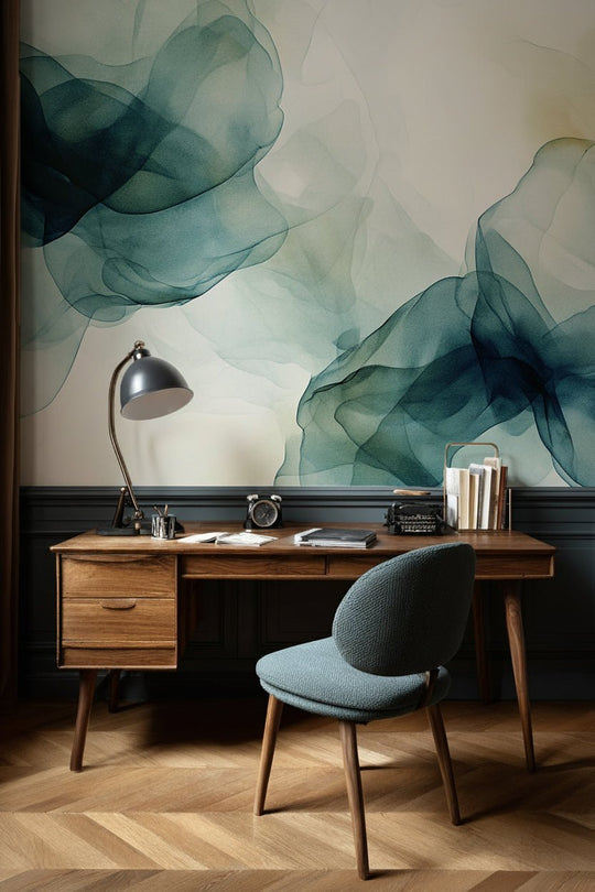 Fusion de Transparence en Émeraude : Papier Peint Panoramique Aquarelle Abstraite - Illulart: Papier peint panoramique