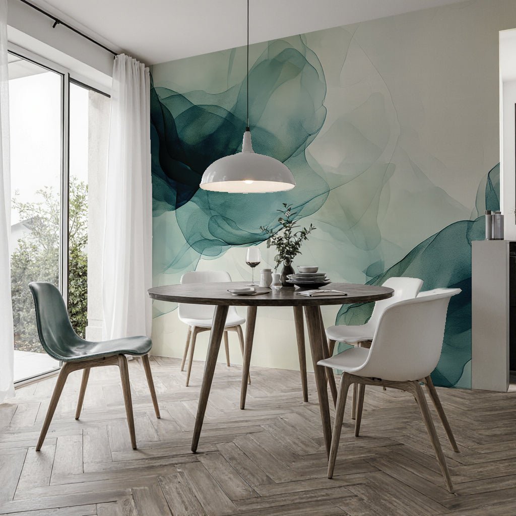 Fusion de Transparence en Émeraude : Papier Peint Panoramique Aquarelle Abstraite - Illulart: Papier peint panoramique