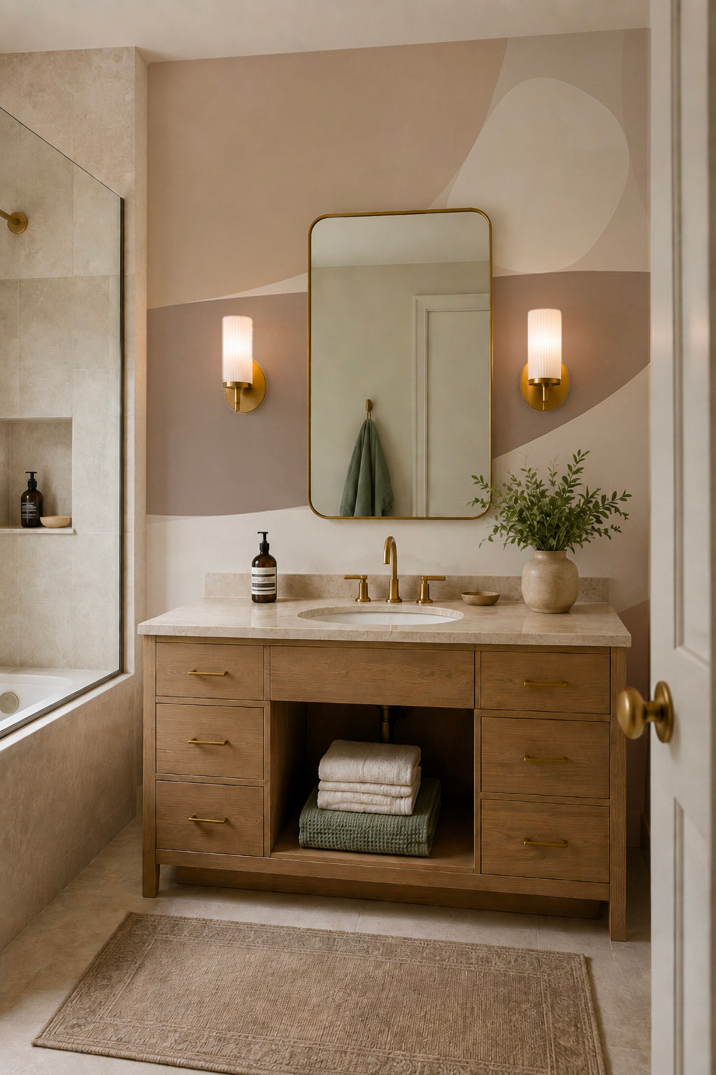 Salle de bain avec meuble en bois et appliques murales devant un papier peint panoramique abstrait beige et taupe
