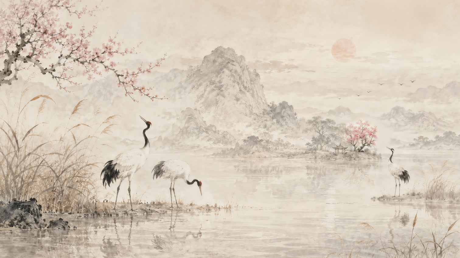 Grues au lac brumeux