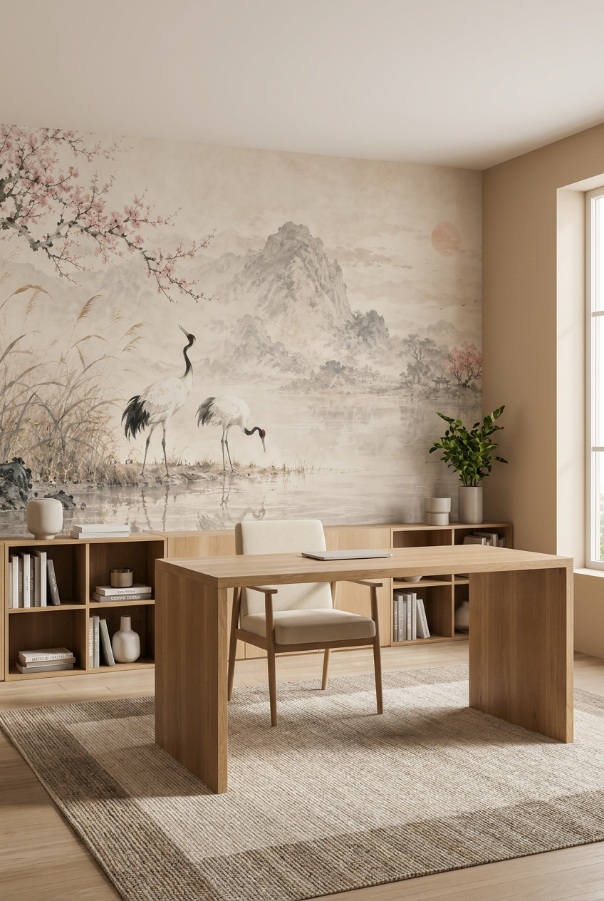 Papier peint panoramique paysage japonais avec grues, lac brumeux, montagnes et cerisiers en fleurs
