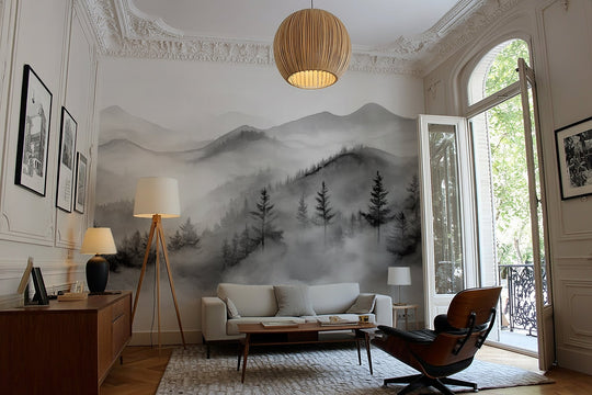 Harmonie brumeuse en noir et blanc – Papier Peint Montagnes & Forêt - Illulart: Papier peint panoramique