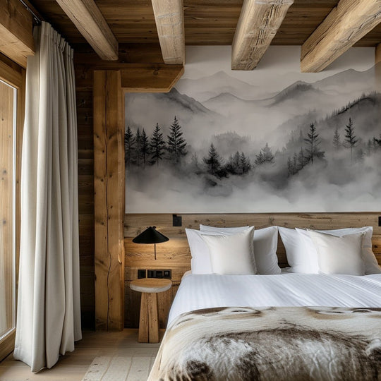 Harmonie brumeuse en noir et blanc – Papier Peint Montagnes & Forêt - Illulart: Papier peint panoramique