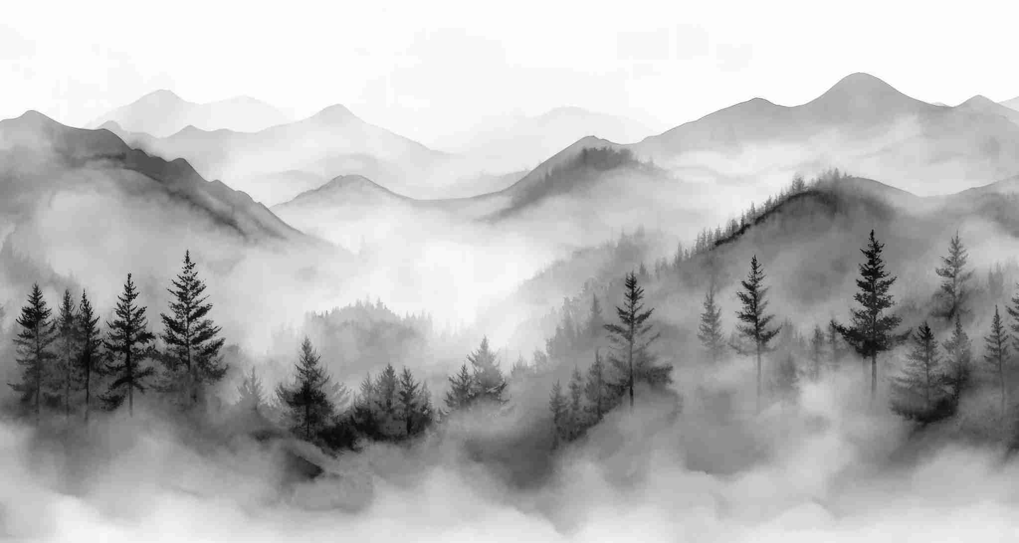 Harmonie brumeuse en noir et blanc – Papier Peint Montagnes & Forêt - Illulart: Papier peint panoramique