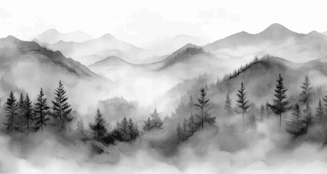 Harmonie brumeuse en noir et blanc – Papier Peint Montagnes & Forêt - Illulart: Papier peint panoramique