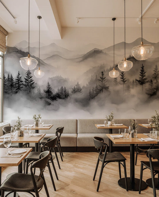 Harmonie brumeuse en noir et blanc – Papier Peint Montagnes & Forêt - Illulart: Papier peint panoramique