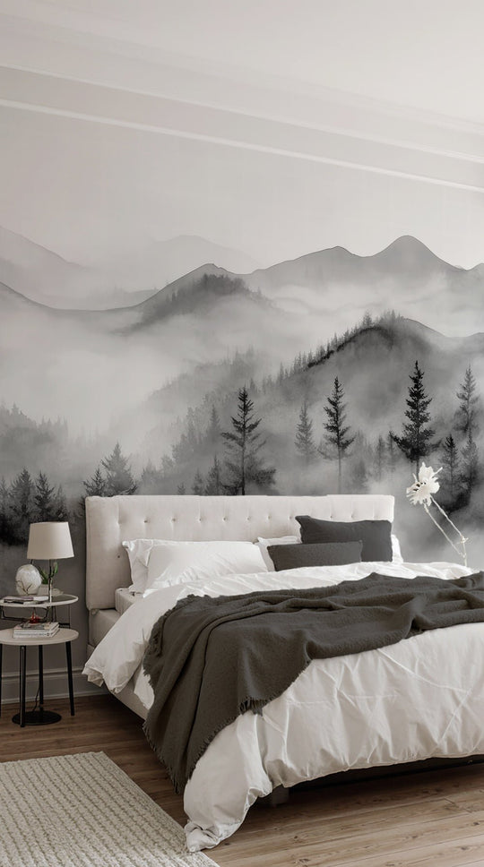 Harmonie brumeuse en noir et blanc – Papier Peint Montagnes & Forêt - Illulart: Papier peint panoramique
