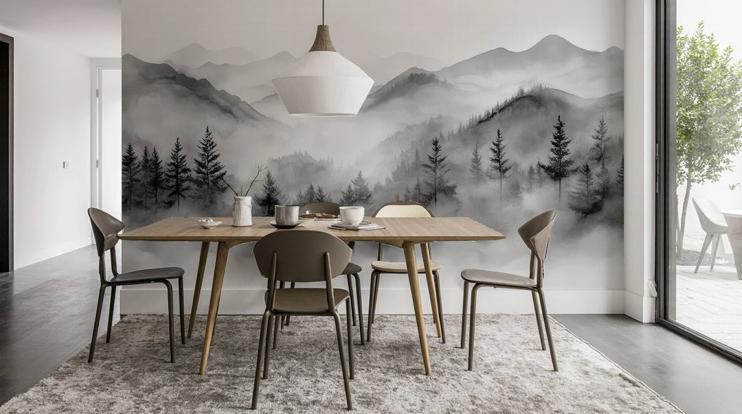 Harmonie brumeuse en noir et blanc – Papier Peint Montagnes & Forêt - Illulart: Papier peint panoramique