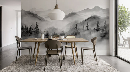 Harmonie brumeuse en noir et blanc – Papier Peint Montagnes & Forêt - Illulart: Papier peint panoramique