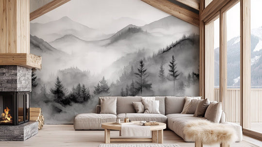 Harmonie brumeuse en noir et blanc – Papier Peint Montagnes & Forêt - Illulart: Papier peint panoramique