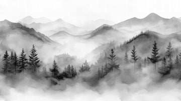 Harmonie brumeuse en noir et blanc – Papier Peint Montagnes & Forêt