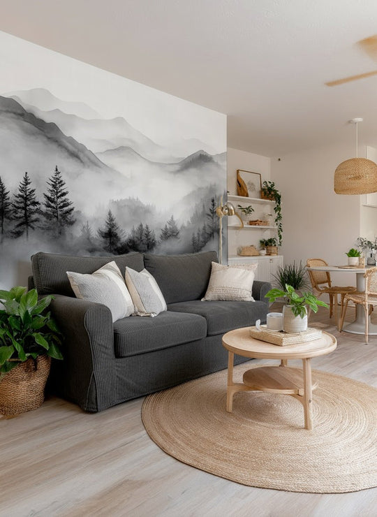 Harmonie brumeuse en noir et blanc – Papier Peint Montagnes & Forêt - Illulart: Papier peint panoramique
