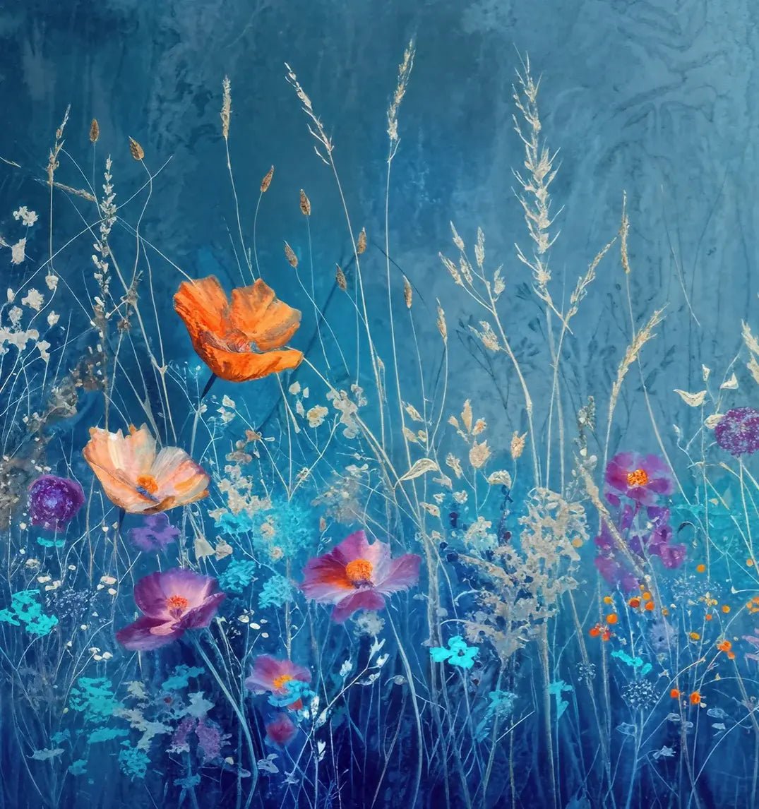 Harmonie Champêtre: Papier Peint Panoramique Floral Bleu & Orange - Illulart: Papier peint panoramique