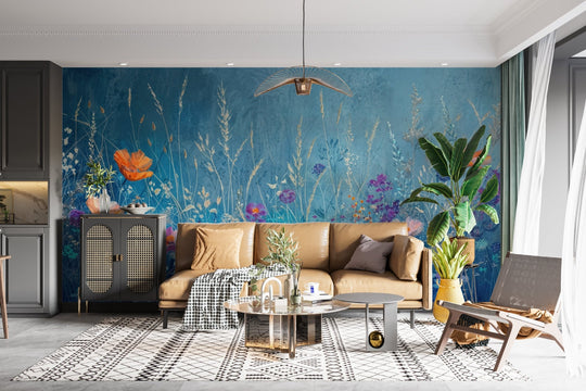 Harmonie Champêtre: Papier Peint Panoramique Floral Bleu & Orange - Illulart: Papier peint panoramique