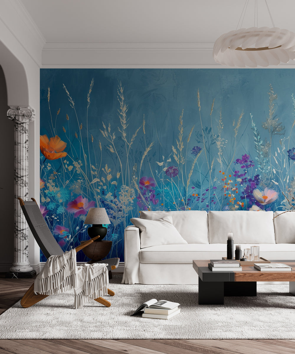 Country Harmony: Blue &amp; Orange Floral Panoramic Wallpaper