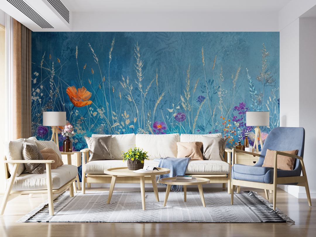 Harmonie Champêtre: Papier Peint Panoramique Floral Bleu & Orange