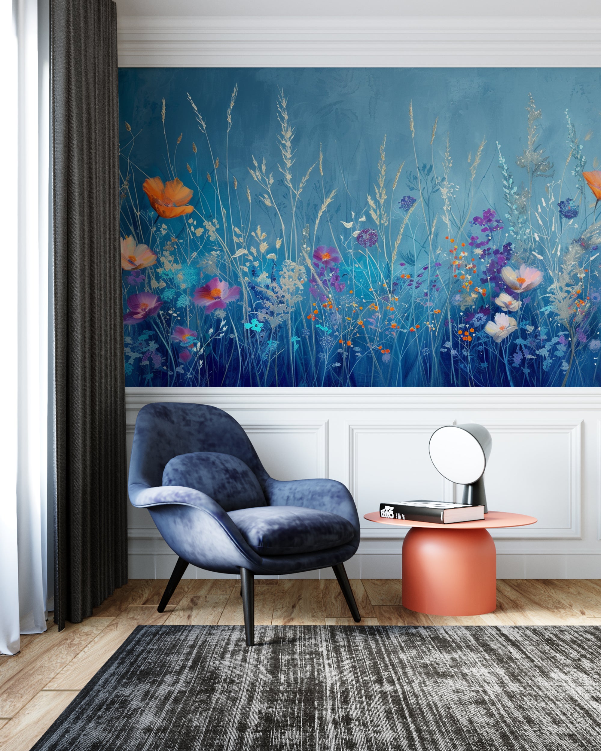 Ländliche Harmonie: Panorama-Tapete mit Blumenmuster in Blau und Orange