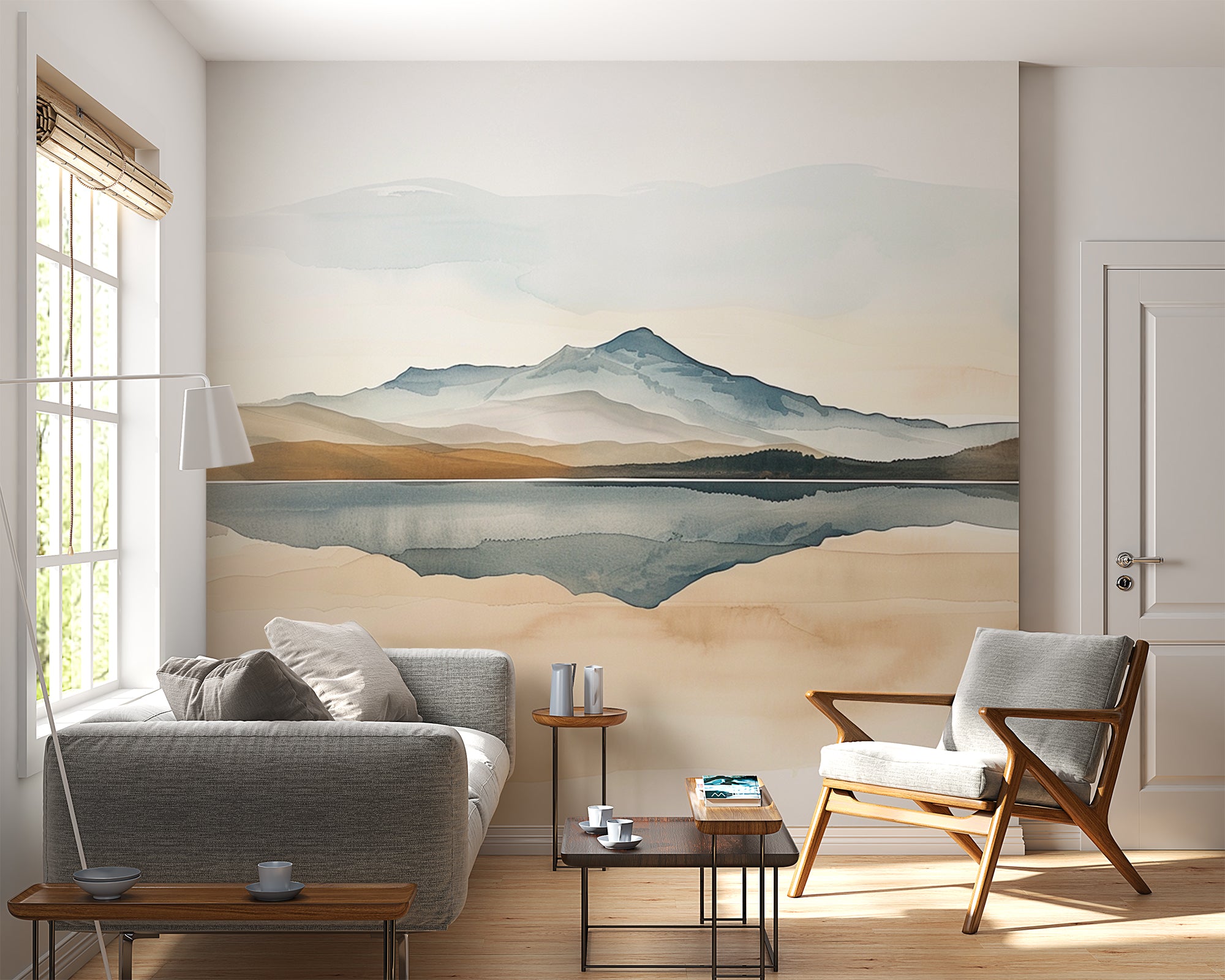 papier peint montagnes et lac reflection aquarelle dans un salon 