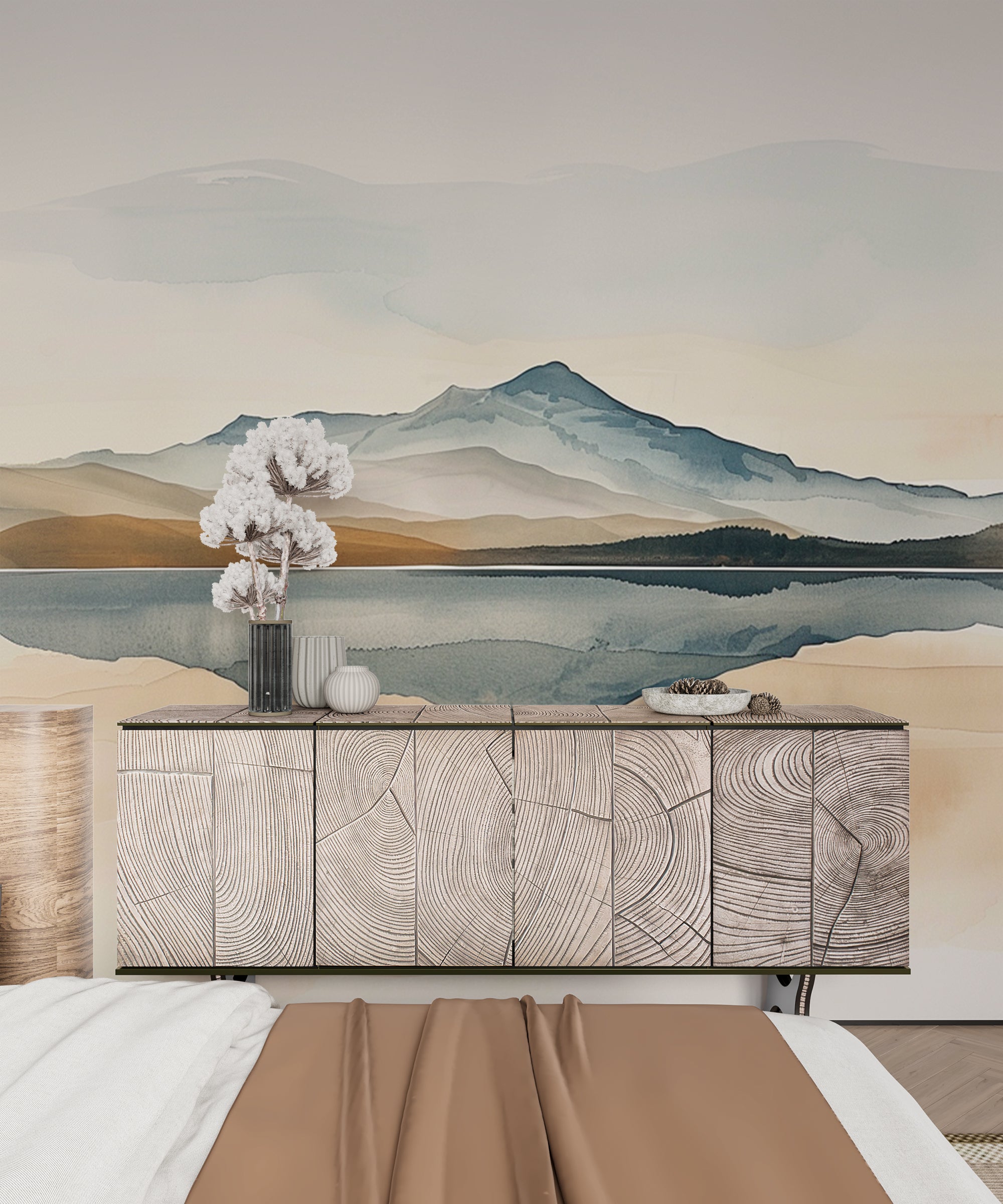 papier peint montagnes et lac reflection aquarelle dans une chambre 