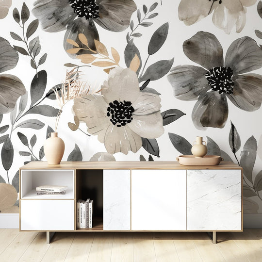 Infusion Florale: Nuances de Gris et Beige sur les Murs - Illulart: Papier peint panoramique