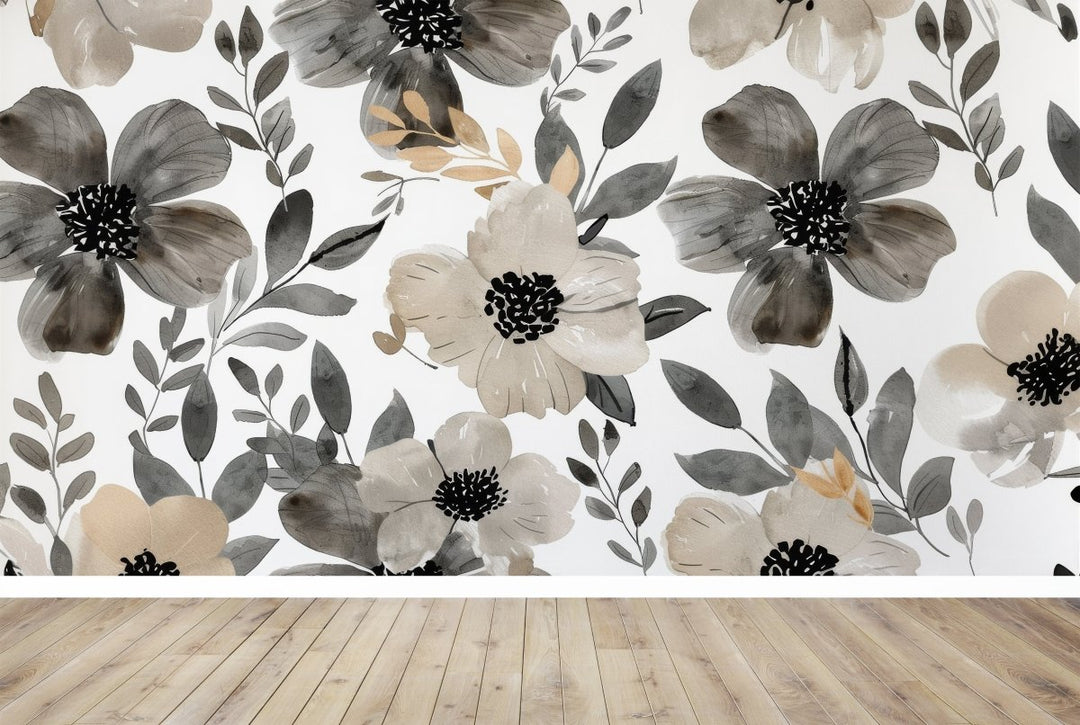 Infusion Florale: Nuances de Gris et Beige sur les Murs - Illulart: Papier peint panoramique